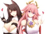  2girls \n/ akagi_(azur_lane) animal_ears azur_lane breasts fox_ears fox_girl genshin_impact heart highres large_breasts looking_at_viewer momijizuki_luna multiple_girls simple_background upper_body white_background yae_miko 