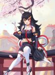  1girl absurdres animal_ear_fluff animal_ears bell black_hair black_skirt cherry_blossoms highres hololive japanese_clothes midriff multicolored_hair oksuri ookami_mio red_hair sitting_on_torii skirt stomach streaked_hair tail tail_around_leg tail_wrap thighhighs torii virtual_youtuber white_hair wolf_ears wolf_girl wolf_tail 