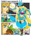  3_fingers accessory big_breasts big_ears blin_(tloz) blonde_hair blue_body blue_eyes blush bokoblin bottomwear breasts breath_of_the_wild butt clothed clothing cute_expression cute_fangs digital_media_(artwork) female fingers group hair hair_accessory hairclip hi_res horn humanoid humanoid_pointy_ears hylian impa legwear link long_hair male mammal monster monstrous_humanoid nintendo open_mouth princess_zelda running sheikah smile suina teeth the_legend_of_zelda topwear transformation triforce urusee584 video_games white_hair 