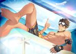  1boy abs aircraft airplane anklet armband bara barefoot biceps brown_eyes brown_hair cloud cloudy_sky crossed_legs day fingerless_gloves gloves goggles headphones headphones_around_neck highres jewelry large_pectorals long_sideburns looking_at_viewer lying male_focus male_swimwear manly mature_male muscular muscular_male necklace nipples on_back original pectorals pmoazi short_hair sideburns sign sky smile solo spiked_hair teeth topless topless_male 