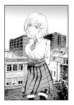  1girl absurdres arms_behind_back border brick brick_wall building closed_mouth eyelashes greyscale hair_between_eyes highres hololive hololive_english long_skirt monochrome monocle necktie outdoors rooftop shirt_tucked_in short_hair skirt solo thigh_strap thighhighs watson_amelia white_border xyanaid 