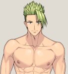  1boy abs achilles_(fate) arima_(arima_bn) bara fate/grand_order fate_(series) green_hair large_pectorals looking_at_viewer male_focus manly mature_male muscular muscular_male nipples pectorals see-through smile solo spiked_hair topless topless_male undercut upper_body yellow_eyes 