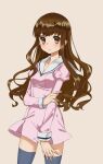  1girl absurdres bangs blush brown_eyes brown_hair closed_mouth code_none collarbone cowboy_shot dress eyebrows_visible_through_hair fate/extra fate_(series) floating_hair grey_background grey_legwear highres kishinami_hakuno_(female) long_hair pink_dress sailor_collar sailor_dress shiny shiny_hair short_dress simple_background solo standing straight_hair thighhighs very_long_hair white_sailor_collar zettai_ryouiki 