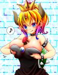  1boy 1girl blonde_hair blue_eyes bowsette brooch choker crown highres humanization jewelry mario mario_(series) mii_aki multicolored_hair new_super_mario_bros._u_deluxe person_between_breasts personification pointy_ears shell spiked_choker spiked_shell spikes super_crown tiara 