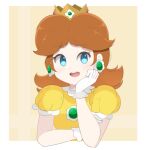  1girl blue_eyes border brooch brown_hair chocomiru crown dress earrings hand_on_own_face jewelry looking_to_the_side mario_(series) open_mouth princess_daisy short_hair smile solo tiara upper_body white_border yellow_dress 
