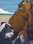  2022 anthro badger balls barry_the_pizza_bear beach belly big_belly black_body black_nose bodily_fluids brown_body cum detailed_background duo erection eyes_closed genital_fluids genitals hi_res humanoid_hands k-9 male mammal moobs mustelid musteline nipples oral outside overweight overweight_male penis seaside ursid water white_body 