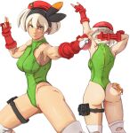  1girl alternate_breast_size animal_on_ass arms_up ass bea_(pokemon) beret black_hairband breasts cameltoe cammy_white cammy_white_(cosplay) cosplay covered_nipples crab crest english_commentary fighting_stance fingerless_gloves gloves green_leotard grey_eyes grey_hair hairband hat highleg highleg_leotard highres holding holding_poke_ball impossible_clothes impossible_leotard knee_pads large_breasts leotard multiple_views poke_ball poke_ball_(basic) pokemon pokemon_(game) pokemon_swsh red_gloves red_headwear short_hair solo_focus street_fighter thigh_pouch thigh_strap thong_leotard vambraces yoracrab 