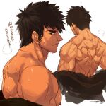  1boy back bara beard black_eyes brown_hair dungeon_and_fighter facial_hair fighter_(dungeon_and_fighter) grappler_(dungeon_and_fighter) jacket jacket_removed kanji long_sideburns looking_at_another male_focus manly mature_male muscular muscular_male nikism original scar scar_on_arm scar_on_back sideburns solo spiked_hair sweat sweatdrop thick_eyebrows upper_body 