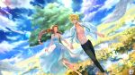  1boy 1girl abs aerith_gainsborough alternate_costume bangs bare_arms barefoot bird black_pants blonde_hair blue_eyes braid breasts brown_hair cleavage closed_eyes cloud cloud_strife cloudy_sky couple dress field final_fantasy final_fantasy_vii final_fantasy_vii_remake flower flower_field full_body hair_flower hair_ornament halu-ca hetero highres holding_hands long_dress long_hair medium_breasts muscular muscular_male open_clothes open_mouth open_shirt pants parted_bangs pectorals shirt sidelocks sky smile spiked_hair square_enix teeth tree undone_necktie upper_teeth walking white_dress white_shirt yellow_flower 
