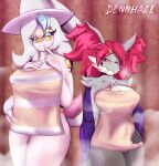  absurd_res anthro big_breasts black_sclera blue_hair blush blush_lines bodily_fluids breasts canid canine clothed clothing deatrix_the_delphox delphox dennhaze digital_media_(artwork) duo female female/female female_focus fox fur genitals gold_(metal) gold_jewelry grey_body grey_fur grey_hair hair hatterene henriette_the_hatterene heterochromia hi_res humanoid inner_ear_fluff jewelry long_hair looking_at_viewer mammal nintendo pok&eacute;mon pok&eacute;mon_(species) pussy red_hair sauna smile smirk steam towel tuft video_games white_body wide_hips 