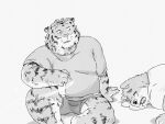  2022 anthro belly big_belly bodily_fluids bottomwear canid canine canis clothing crying domestic_dog duo felid hi_res humanoid_hands kemono male mammal overweight overweight_male pantherine pommn_mn shirt shorts simple_background sitting tears tiger topwear 