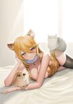  1girl animal_ear_fluff animal_ears animal_print ass bed_sheet bell black_legwear breasts cat cat_on_ass cleavage fur_collar hair_between_eyes head_rest highres kemonomimi_mode large_breasts looking_at_viewer lying neck_bell on_stomach parted_lips shokuhou_misaki smile soda_259 solo thighhighs tiger_ears tiger_girl tiger_print toaru_kagaku_no_railgun toaru_majutsu_no_index yellow_nails 