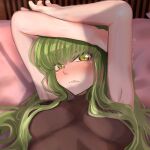  1girl armpits blush breasts c.c. code_geass green_hair hair_over_breasts highres joker_(animero) long_hair looking_at_viewer lying on_back shiny shiny_hair solo yellow_eyes 