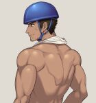  1boy arima_(arima_bn) back bara biceps brown_hair character_request copyright_request dark-skinned_male dark_skin dirty dirty_face facial_hair helmet highres long_sideburns male_focus manly mature_male muscular muscular_male short_hair sideburns solo spiked_hair stubble sweat sweatdrop topless topless_male towel towel_around_neck upper_body 