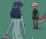  5_fingers amphibia_(series) amphibian anthro blonde_hair blush bodily_fluids butt clothing disney female fingers general_yunan green_background hair lady_olivia long_tail newt nude salamander_(amphibian) simple_background sweat undressing unknown_artist 