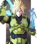  1boy 1girl aqua_eyes black_bodysuit blonde_hair blue_hair blue_skin bodypaint bodysuit breasts cloud_strife colored_skin cortana cortana_(cosplay) cosplay crab energy_sword final_fantasy final_fantasy_vii final_fantasy_vii_remake halo_(series) halo_infinite highres holding holding_sword holding_weapon hologram large_breasts long_hair low-tied_long_hair master_chief master_chief_(cosplay) minigirl no_headwear no_helmet painted_clothes power_armor power_suit spartan_(halo) spiked_hair sword tifa_lockhart type-1_energy_sword weapon weapon_on_back yoracrab 