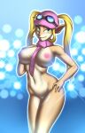  activision anthro big_breasts blonde_hair breasts clothing crash_bandicoot_(series) eyewear female goggles green_eyes hair hat headgear headwear hi_res long_hair makeup mostly_nude navel nude octoling_ghaul pasadena_o&#039;possum pigtails scarf scarf_only solo video_games wide_hips 