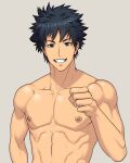  1boy abs arima_(arima_bn) bara biceps black_hair character_request clenched_hand copyright_request green_eyes highres looking_at_viewer male_focus manly mature_male muscular muscular_male nipples pectorals smile solo spiked_hair teeth topless topless_male upper_body 