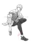  1boy bakugou_katsuki bangs boku_no_hero_academia can crossed_legs drink elbow_on_thigh full_body greyscale haru_(reharux035) highres holding holding_can leggings legwear_under_shorts long_sleeves looking_at_viewer male_focus monochrome off_shoulder overshirt shirt_under_shirt shoes short_hair shorts signature sitting sitting_on_object sketch sleeves_rolled_up sneakers solo spiked_hair spot_color tank_top toned toned_male twitter_username workout_clothes 