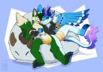  anthro bodily_fluids bottlebear canid canine cuddling diaper dragon duo fur genital_fluids green_body green_fur hi_res infantilism male mammal plushie tongue tongue_out urine wet_diaper wetting wings 