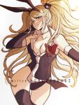  1girl alternate_costume animal_ears artist_name bangs bare_shoulders bear_hair_ornament black_gloves black_leotard bow breasts cleavage closed_mouth collarbone criis-chan danganronpa:_trigger_happy_havoc danganronpa_(series) elbow_gloves enoshima_junko fake_animal_ears gloves grey_background groin hair_ornament large_breasts leotard long_hair looking_at_viewer necktie playboy_bunny rabbit_ears red_bow shiny shiny_hair simple_background smile solo thighhighs twintails 