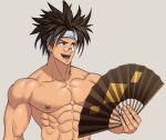  1boy abs arima_(arima_bn) bara biceps brown_hair glasses grabbing guilty_gear hand_fan headband highres long_hair looking_to_the_side male_focus manly mature_male mito_anji muscular muscular_male nipples open_mouth pectorals solo spiked_hair teeth tongue topless topless_male upper_body yellow_eyes 