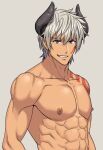  1boy abs arima_(arima_bn) bara biceps demon_horns facial_tattoo grey_eyes highres horns looking_at_viewer male_focus mature_male muscular muscular_male nipples pectorals shoulder_tattoo smirk solo spiked_hair tattoo teeth tensei_shitara_slime_datta_ken topless topless_male upper_body veldora_(tensei_shitara_slime_datta_ken) white_hair 