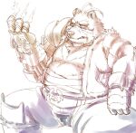  2022 anthro belly big_belly bottomwear clothing furipon hi_res humanoid_hands kemono male mammal moobs overweight overweight_male pants scar simple_background sitting solo ursid 