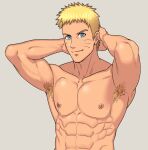  1boy abs arima_(arima_bn) arm_behind_head armpit_hair armpits bara biceps blonde_hair highres looking_at_viewer male_focus manly mature_male muscular muscular_male naruto_(series) nipples pectorals smile solo spiked_hair topless topless_male upper_body uzumaki_naruto yellow_eyes 