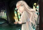  1girl absurdres akasaka_asa aqua_eyes bangs blunt_bangs blurry blurry_foreground candle dress ender_lilies_quietus_of_the_knights hair_ribbon highres holding indoors lily_(ender_lilies) long_hair ribbon shiny shiny_hair short_sleeves silver_hair solo_focus stairs very_long_hair white_dress 