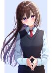  1girl bangs black_sweater blue_background blush border brown_hair closed_mouth collared_shirt colored_inner_hair eyebrows_visible_through_hair hair_between_eyes head_tilt highres long_hair long_sleeves multicolored_hair nao_(nao85364) necktie original pillarboxed purple_eyes red_necktie shiny shiny_hair shirt silver_hair sleeves_past_wrists smile solo straight_hair sweater sweater_vest two-tone_hair upper_body very_long_hair white_border white_shirt wing_collar 