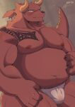  2022 anthro asian_clothing belly blush bulge clothing cute_fangs dragon east_asian_clothing fundoshi hi_res humanoid_hands japanese_clothing kemono kentachen27 male moobs musclegut navel nipples overweight overweight_male solo tattoo underwear white_clothing white_fundoshi white_underwear 