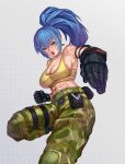 1girl abs ammunition_pouch bare_shoulders belt belt_pouch blue_eyes blue_hair breasts camouflage camouflage_pants cleavage clenched_hand earrings gloves grey_background highres jewelry large_breasts leona_heidern midriff muscular muscular_female open_mouth pants ponytail pouch seed01010 simple_background solo tank_top the_king_of_fighters the_king_of_fighters_xiv the_king_of_fighters_xv triangle_earrings yellow_tank_top 