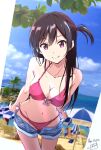  1girl bangs beach beach_umbrella blue_sky blurry blurry_background border breasts brown_hair cleavage clothes_pull cloud cowboy_shot denim denim_shorts highres kanojo_okarishimasu long_hair looking_at_viewer medium_breasts mizuhara_chizuru navel nii_manabu pink_eyes shorts shorts_pull side_ponytail signature sky solo stomach swimsuit umbrella white_border 