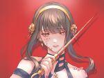  1girl black_hair blood blood_on_face dagger earrings face gold_hairband hair_ornament hair_stick hairband highres holding holding_dagger holding_weapon jewelry knife red_background red_eyes rose_hair_ornament sidelocks solo spy_x_family weapon yashiiit_0112 yor_briar 