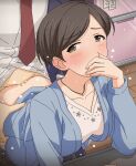  1boy 1girl ass blush brown_eyes brown_hair clothed_sex covering_mouth doggystyle from_behind hand_over_own_mouth idolmaster idolmaster_cinderella_girls jewelry mature_female necklace necktie sasaki_chie&#039;s_mother sex short_hair tomu_(tomubobu) 