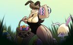  anthro basket breasts bunny_costume clothing container costume diana_(jamearts) dinosaur duo easter easter_egg female grass hi_res holidays jamearts lagomorph leporid mammal plant rabbit reptile scalie theropod tyrannosaurid tyrannosaurus 