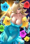  1girl bare_shoulders blonde_hair blue_dress blue_eyes blue_nails breasts collarbone crown dress earrings english_commentary enmanuelart20 glint hair_over_one_eye highres holding holding_wand jewelry large_breasts lips lipstick luma_(mario) makeup mario_(series) off-shoulder_dress off_shoulder parted_lips patreon_username rosalina star_(symbol) star_earrings star_wand super_mario_galaxy wand web_address wide_hips 