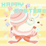  animal animal_ears animal_hood bear bird chai_(drawingchisanne) commentary_request easter easter_egg egg english_text fake_animal_ears hood looking_at_viewer no_humans original polar_bear rabbit_ears ribbon signature striped striped_background undersized_animal 