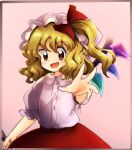  1980s_(style) bad_id bad_twitter_id bangs blonde_hair bow collared_shirt crystal embodiment_of_scarlet_devil eyebrows_visible_through_hair fang flandre_scarlet hair_bow hat highres laevatein_(touhou) medium_hair mob_cap open_mouth puffy_short_sleeves puffy_sleeves red_bow red_eyes red_skirt retro_artstyle shirt short_sleeves side_ponytail skirt takemoto_izumi_(style) touhou wavy_hair white_headwear white_shirt wings yatyou 