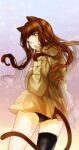  1girl absurdres animal_ears black_legwear black_panties brown_hair cat_ears cat_girl cat_tail coat code_none cowboy_shot fate/extra fate_(series) floating_hair from_behind highres kishinami_hakuno_(female) long_hair long_sleeves looking_back open_mouth panties shiny shiny_hair single_thighhigh solo standing tail thighhighs underwear very_long_hair yellow_coat yellow_eyes 