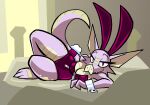  2022 3_toes anthro aygee breasts bunny_costume cleavage clothed clothing costume digital_media_(artwork) fake_ears fake_rabbit_ears feet female kobold leotard looking_at_viewer lying pink_clothing pink_leotard smile soapy_(aygee) solo toes wide_hips zipper 