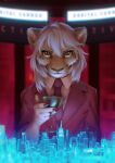  2021 5_fingers alcohol anthro beverage blurred_background clothing colored_nails container cup cyberpunk digital_media_(artwork) drinking_glass felid female fingers fur glass glass_container glass_cup hair hi_res holding_object holding_wine_glass hologram jacket lion looking_at_viewer mammal nails necktie pantherine red_clothing red_necktie red_topwear smile solo standing tan_body tan_fur topwear wayn_animation white_hair wine_glass 