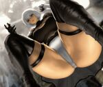  1girl ass boots eyebrows_visible_through_hair from_below infi juliet_sleeves leotard lips long_sleeves looking_at_viewer looking_down mole mole_under_mouth nier_(series) nier_automata puffy_sleeves short_hair squatting thigh_boots thighhighs thighs under_skirt upskirt white_hair white_leotard yorha_no._2_type_b 