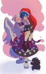  2girls ;3 bangs black_dress blue_eyes blue_hair blush bow bowtie braid carrying colored_eyelashes doremy_sweet dress eyebrows_visible_through_hair feathered_wings french_braid full_body hair_between_eyes hair_bow half_updo hand_on_another&#039;s_chest hat highres jacket jewelry kishin_sagume long_sleeves looking_at_viewer minamia23 multicolored_clothes multicolored_dress multiple_girls one_eye_closed outline pom_pom_(clothes) princess_carry purple_dress red_bow red_bowtie red_headwear ring santa_hat short_hair sidelocks silver_hair simple_background single_wing smile socks standing tail tapir_tail thighs touhou white_background white_dress white_legwear white_outline white_wings wings yuri 