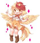  1girl :d animal_on_head arinu bangs bird bird_on_head bird_wings blonde_hair brown_footwear chibi chick dress earrings eyebrows_visible_through_hair full_body highres index_finger_raised jewelry looking_at_viewer multicolored_hair niwatari_kutaka on_head open_mouth orange_dress red_eyes red_hair shirt short_hair simple_background smile tail_feathers touhou two-tone_hair white_background white_shirt wings yellow_eyes yellow_wings 