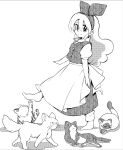  1980s_(style) 1boy 1girl animal apron back_bow bad_id bad_twitter_id black_cat bow breasts buttons cat closed_mouth curly_hair ellen_(touhou) full_body greyscale hair_bow happy highres long_hair looking_at_viewer monochrome puffy_short_sleeves puffy_sleeves retro_artstyle shirt short_sleeves skirt small_breasts smile socks sokrates_(touhou) takemoto_izumi_(style) too_many too_many_cats touhou very_long_hair vest waist_apron walking white_cat yatyou 