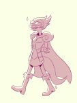  amphibia_(series) amphibian anthro armor boots cape clothing disney eyes_closed female footwear general_yunan hair hands_behind_back hi_res monochrome newt salamander_(amphibian) short_hair signature sketch smile solo unknown_artist walking 