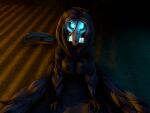  3d_(artwork) anthro apple_inc. black_body black_fur black_hair blue_eyes bone breasts canid cellphone digital_media_(artwork) female fur glowing glowing_eyes hair hi_res iphone kristall_krit mammal monster nipples object_in_mouth phone scp-1471 scp-1471-a scp_foundation simple_background sitting skull skull_head smartphone solo source_filmmaker undead 