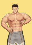  1boy abs absurdres baimeme bara beard biceps black_hair clenched_hand facial_hair fire highres large_pectorals looking_at_viewer male_focus manly mature_male muscular muscular_male navel_hair nipples original pants pectorals serious solo sparkle spiked_hair teeth thick_arms tokyo_afterschool_summoners topless topless_male veins veiny_arms zabaniya_(housamo) 